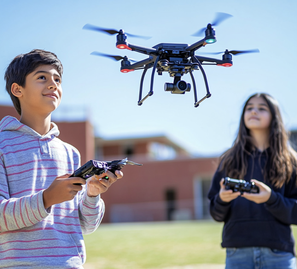 High school students flying drone in school